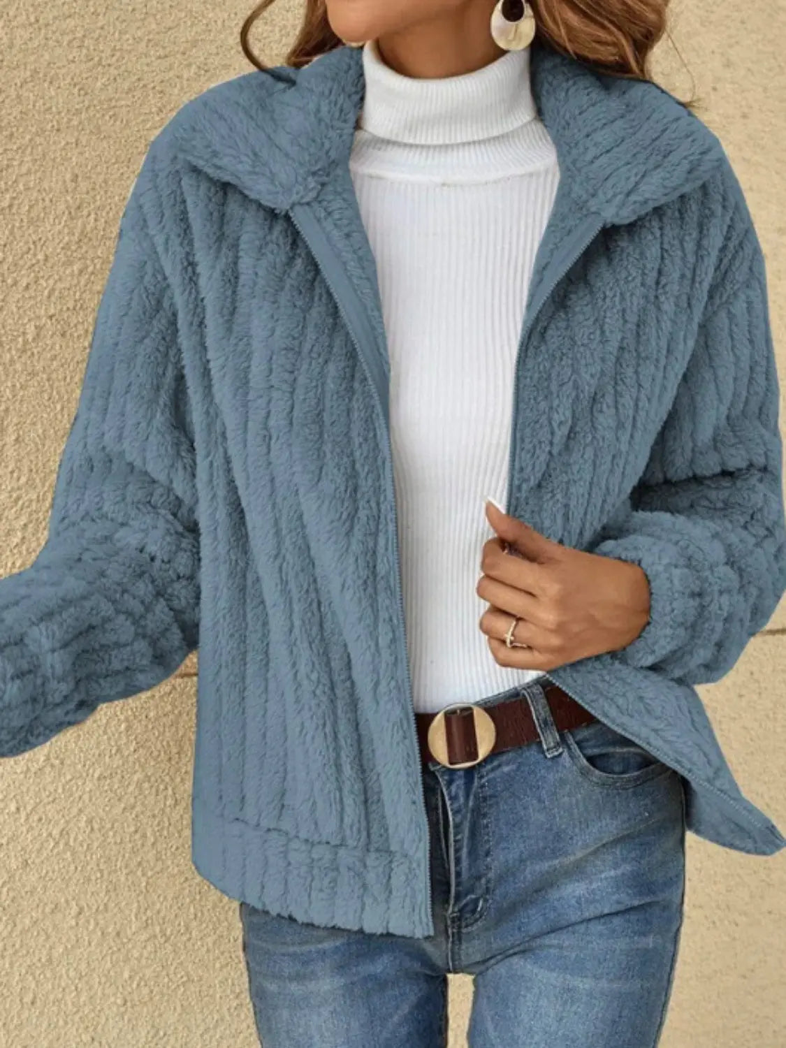 Plush Zip Up Long Sleeve Jacket Trendsi