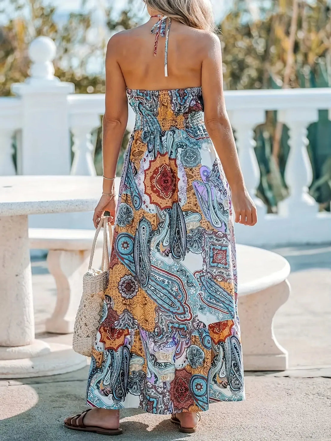 Printed Halter Neck Maxi Dress Trendsi