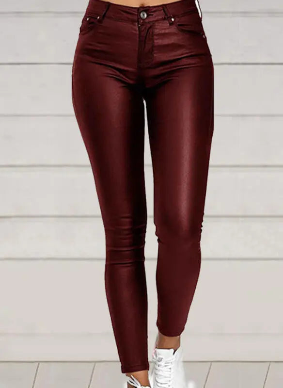 Pure Color PU Sexy Leather Pants Casual Feet Pants Women Trendsi