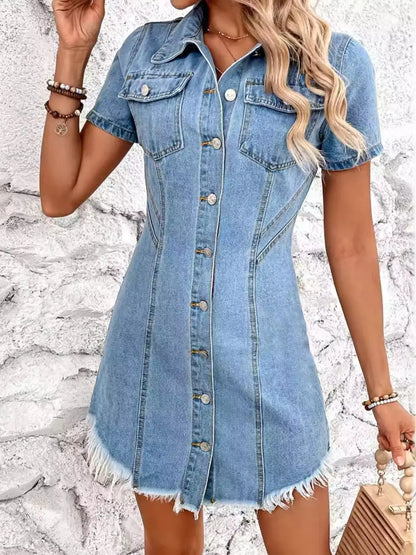 Raw Hem Button Up Short Sleeve Denim Dress Trendsi