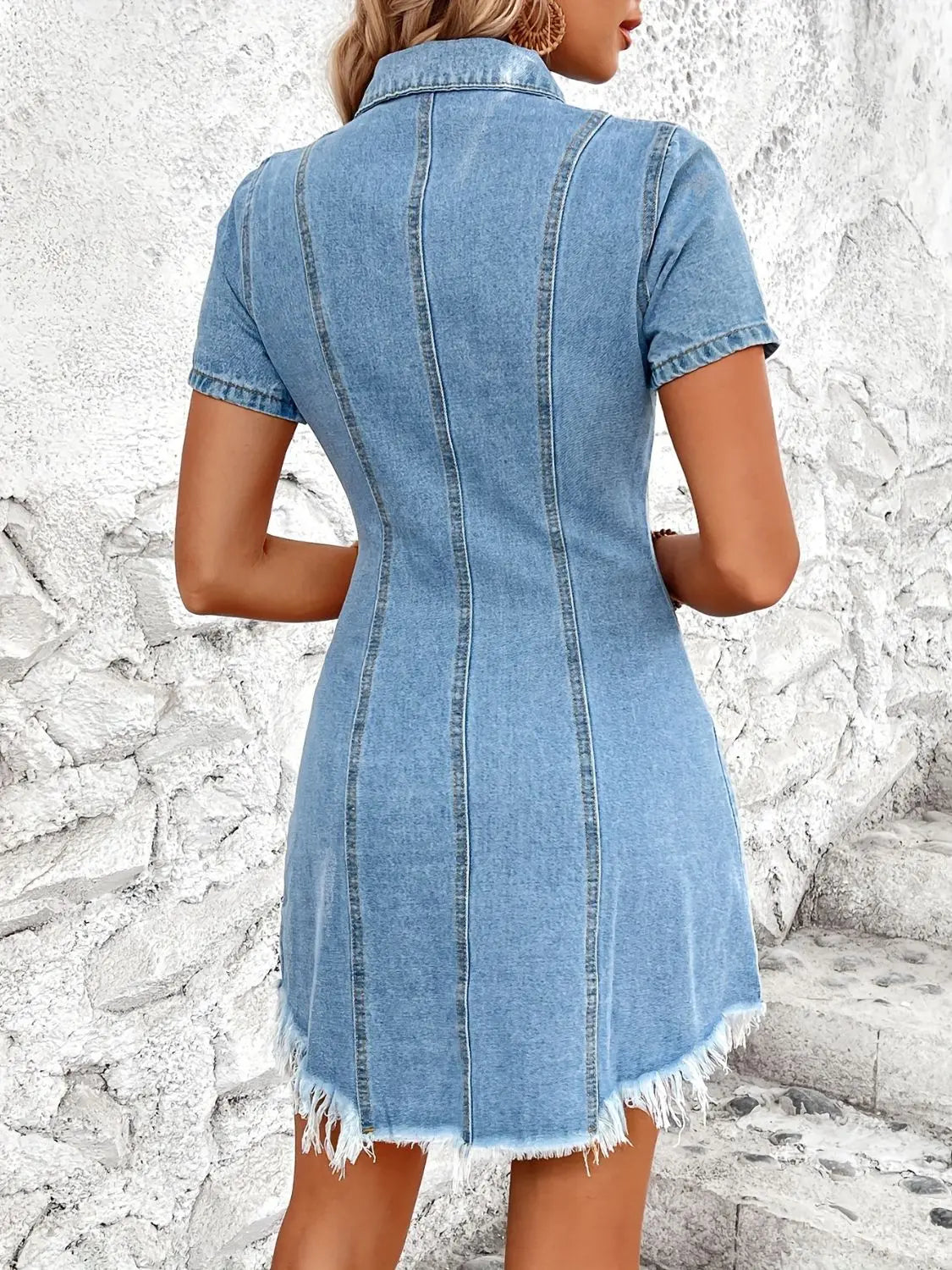 Raw Hem Button Up Short Sleeve Denim Dress Trendsi