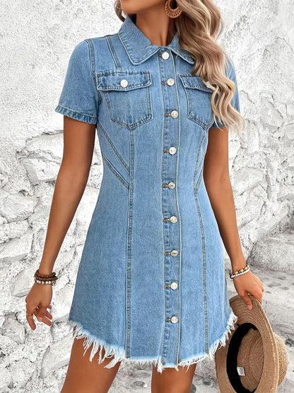 Raw Hem Button Up Short Sleeve Denim Dress Trendsi