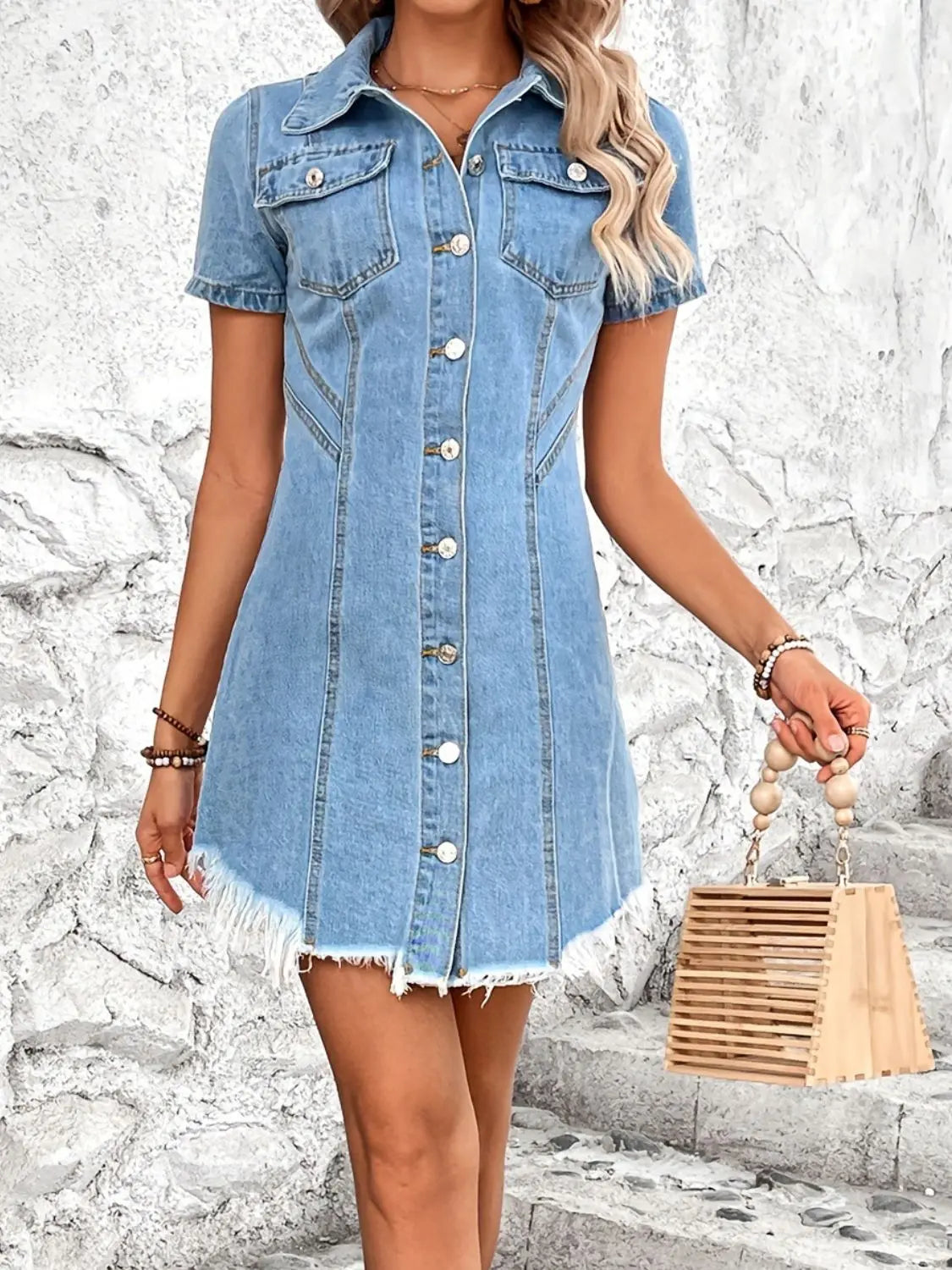 Raw Hem Button Up Short Sleeve Denim Dress Trendsi