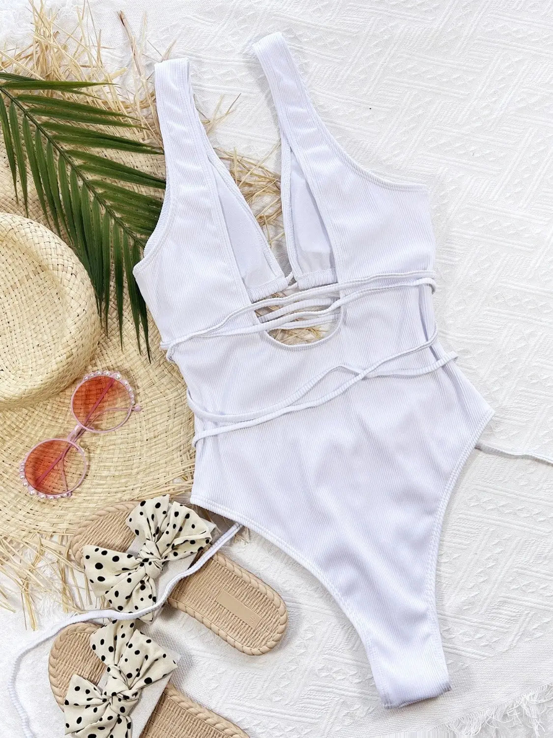 Ribbed Lace Up One-Piece Swimsuit Trendsi