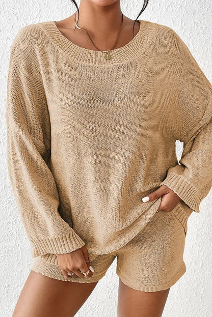 Round Neck Dropped Shoulder Sweater and Drawstring Pants Set Trendsi