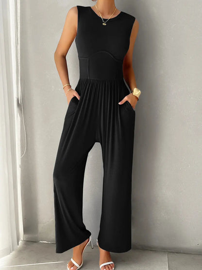 Round Neck Sleeveless Wide Leg Jumpsuit Trendsi