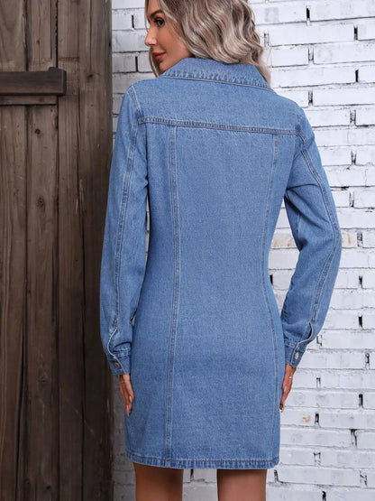 Ruched Button Up Long Sleeve Denim Dress Trendsi