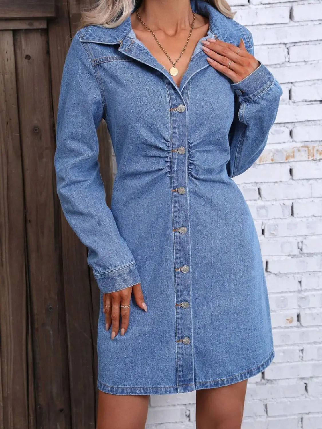 Ruched Button Up Long Sleeve Denim Dress Trendsi