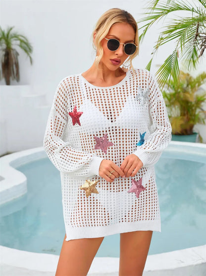 Sequin Star Round Neck Long Sleeve Cover Up Trendsi