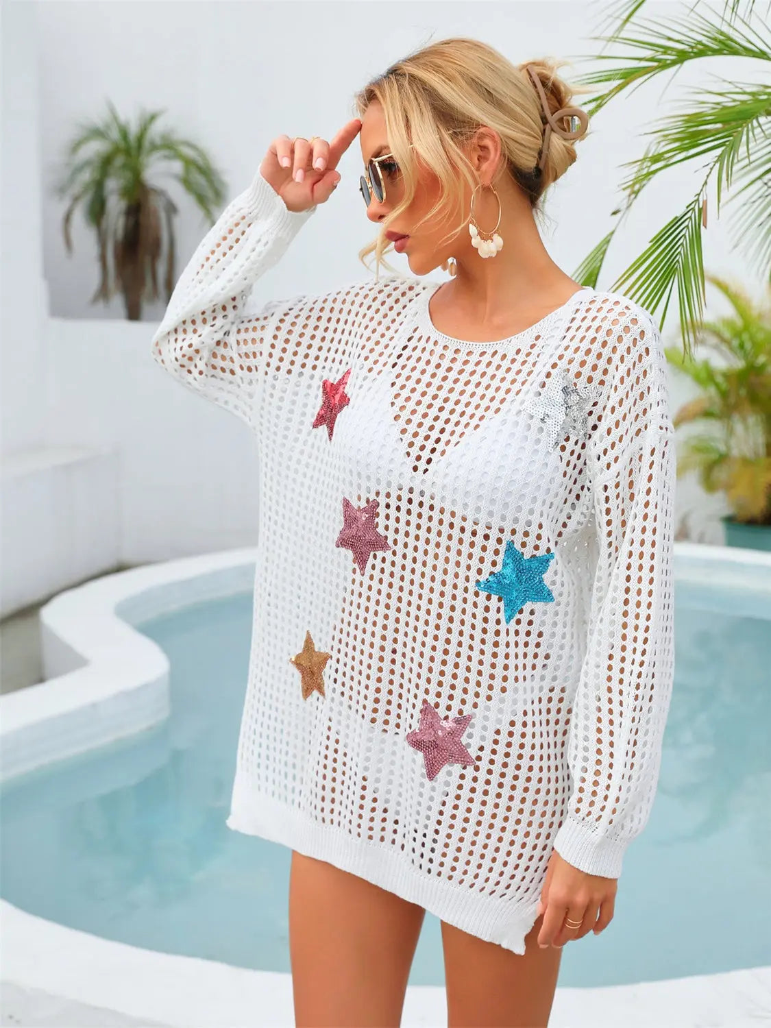 Sequin Star Round Neck Long Sleeve Cover Up Trendsi