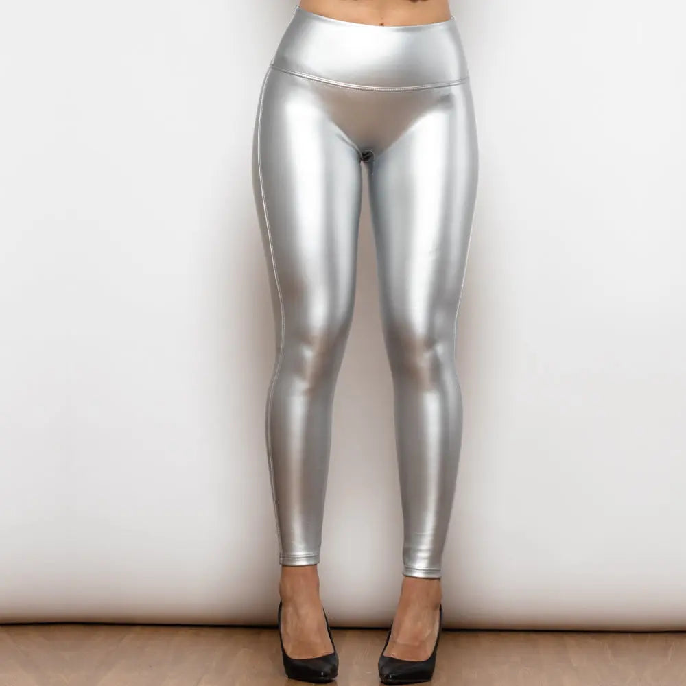 Shascullfites Melody Regular Silver High Waist Leather Leggings Metallic Women&