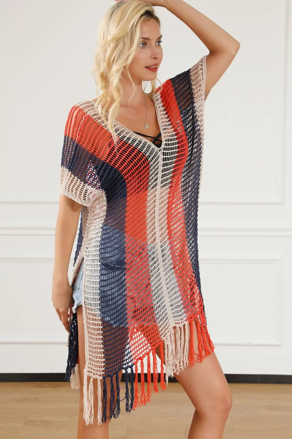 Tassel Color Block V-Neck Cover Up Trendsi