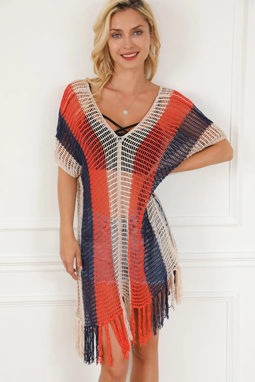 Tassel Color Block V-Neck Cover Up Trendsi