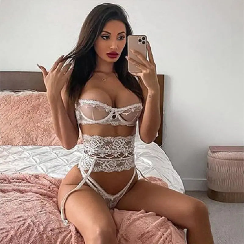 Yimunancy 3-piece Lingerie Set Women Transparent Sexy Bra Set Ladies Lace Lingerie Intimates Underwear Set shuna&