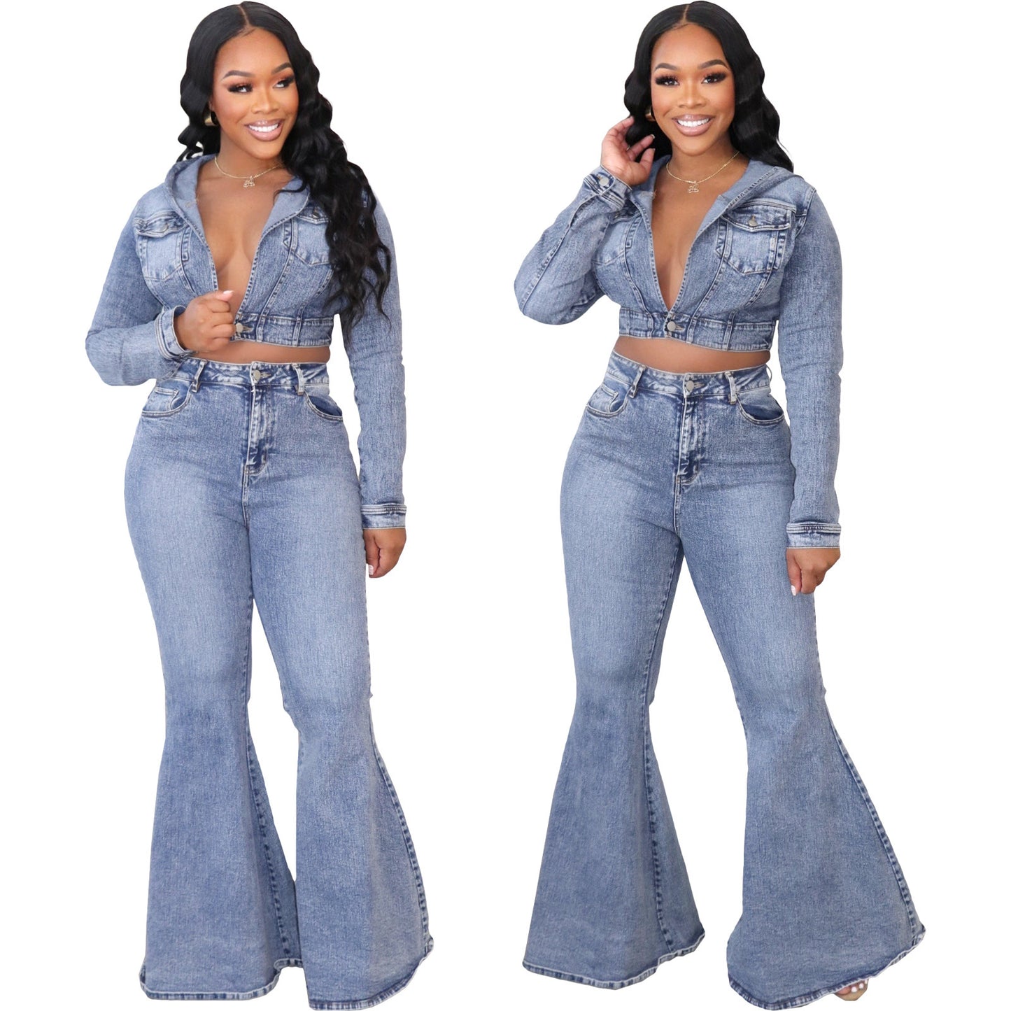 Women's Clothing Cardigan Hooded Non-elastic Bell-bottom Pants Denim Suit