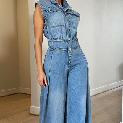 Leisure Washed-out Sleeveless Denim One-piece Wide-leg Pants Women