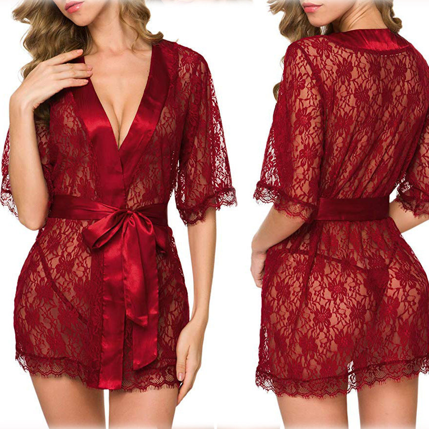 Lingerie Women Lace Hollow-out Robe Suits Pajamas