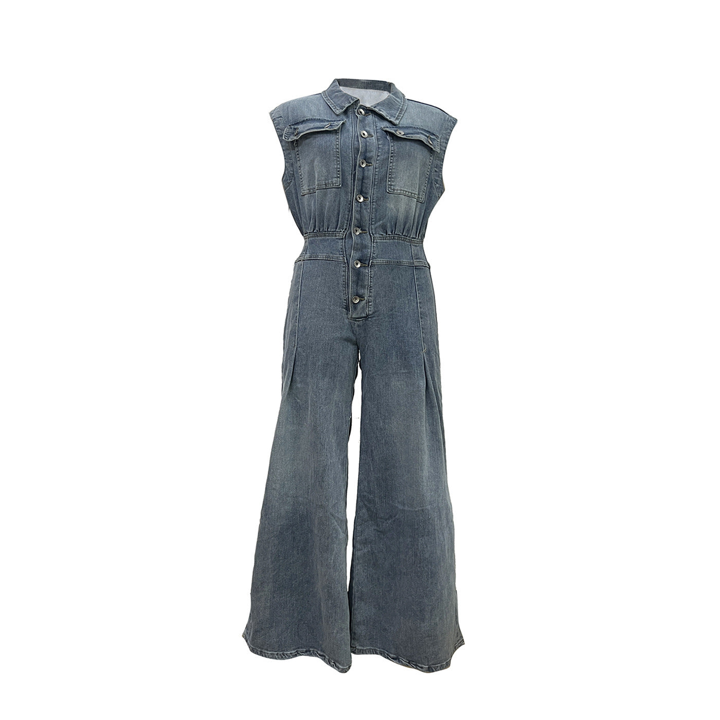 Leisure Washed-out Sleeveless Denim One-piece Wide-leg Pants Women