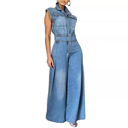 Leisure Washed-out Sleeveless Denim One-piece Wide-leg Pants Women