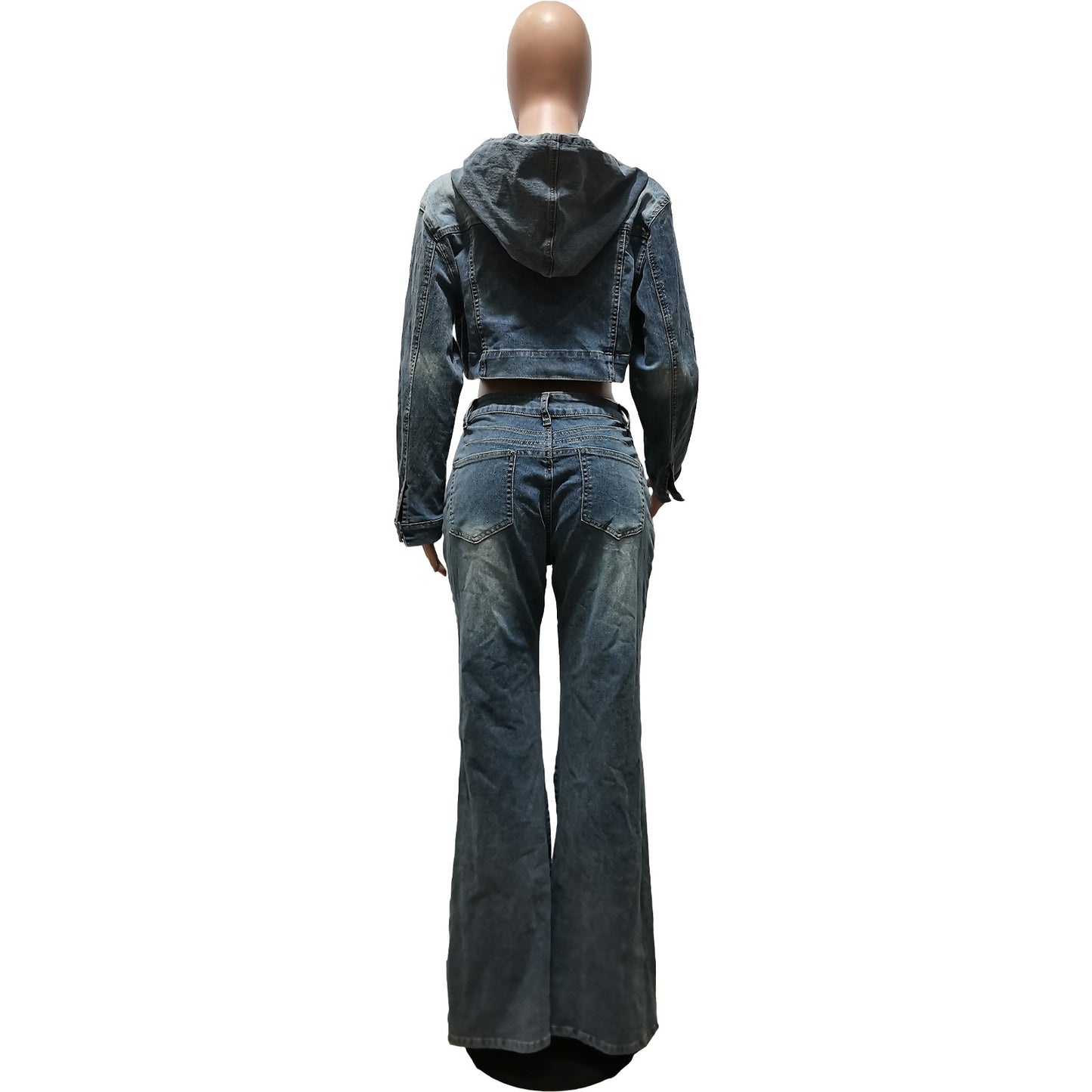 Women's Clothing Cardigan Hooded Non-elastic Bell-bottom Pants Denim Suit