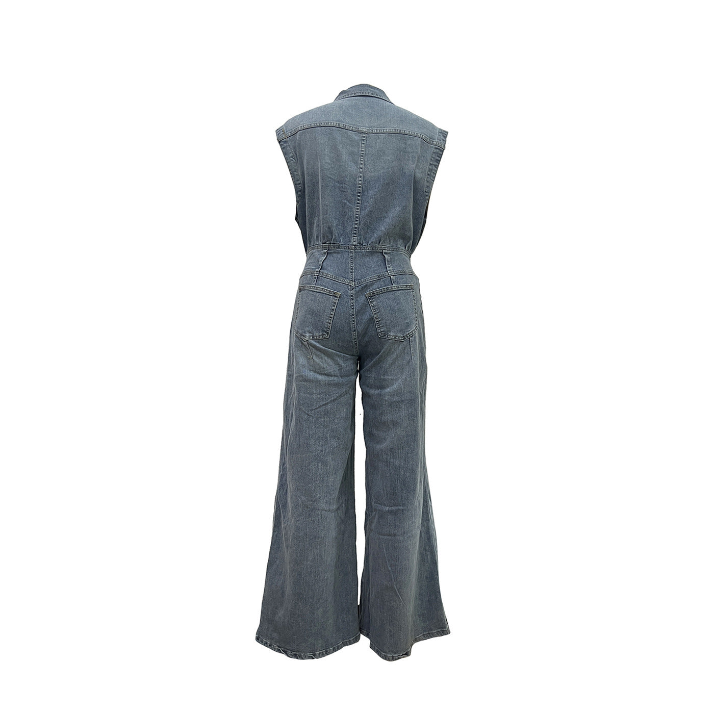 Leisure Washed-out Sleeveless Denim One-piece Wide-leg Pants Women